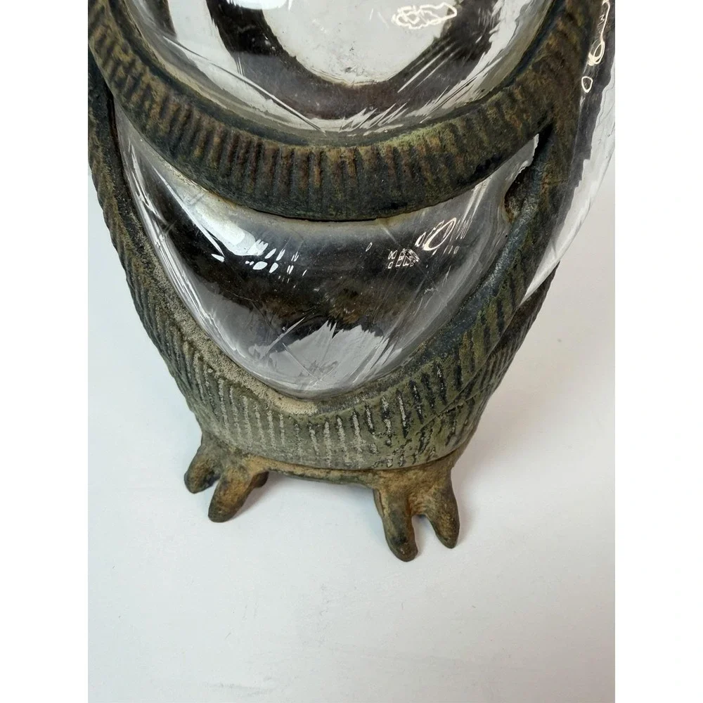 Cast Iron Owl Candle‎ Holder Garden Lantern Vintage Decor Blown Glass READ